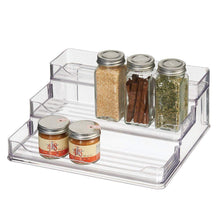 Load image into Gallery viewer, Save mdesign plastic spice and food kitchen cabinet pantry shelf organizer 3 tier storage modern compact caddy rack holds spices herb bottles jars for shelves cupboards refrigerator clear