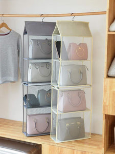Discover the aoolife hanging purse handbag organizer clear hanging shelf bag collection storage holder dust proof closet wardrobe hatstand space saver 4 shelf grey