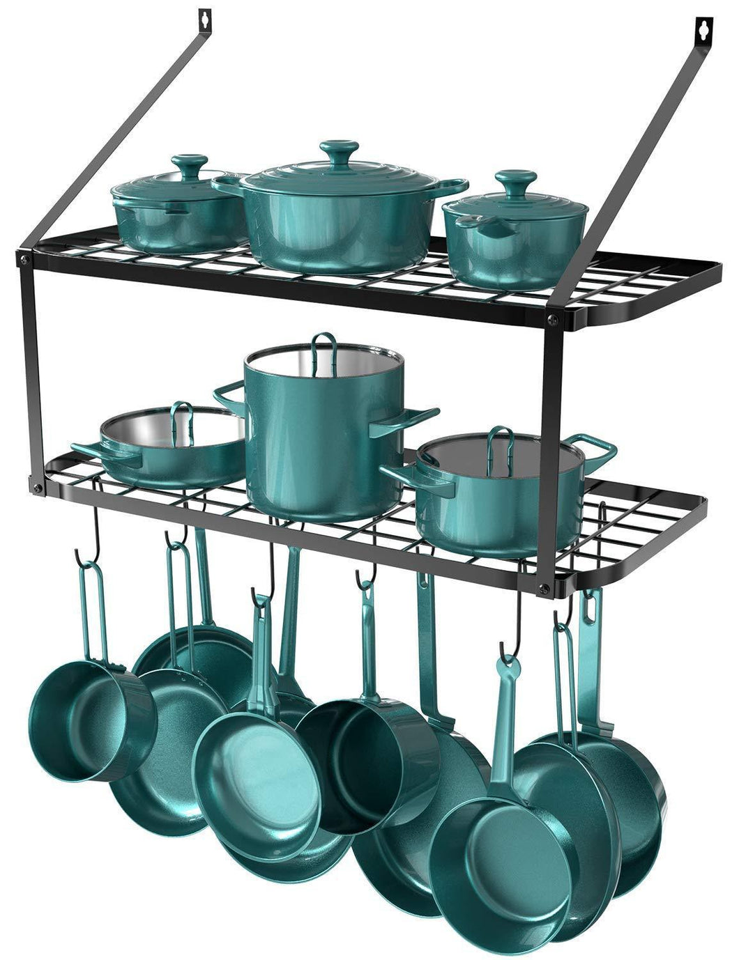 New geekdigg 29 5 inch wall mounted pot rack storage shelf with 2 tier 10 hooks included kitchen pot racks hanging storage organizer black