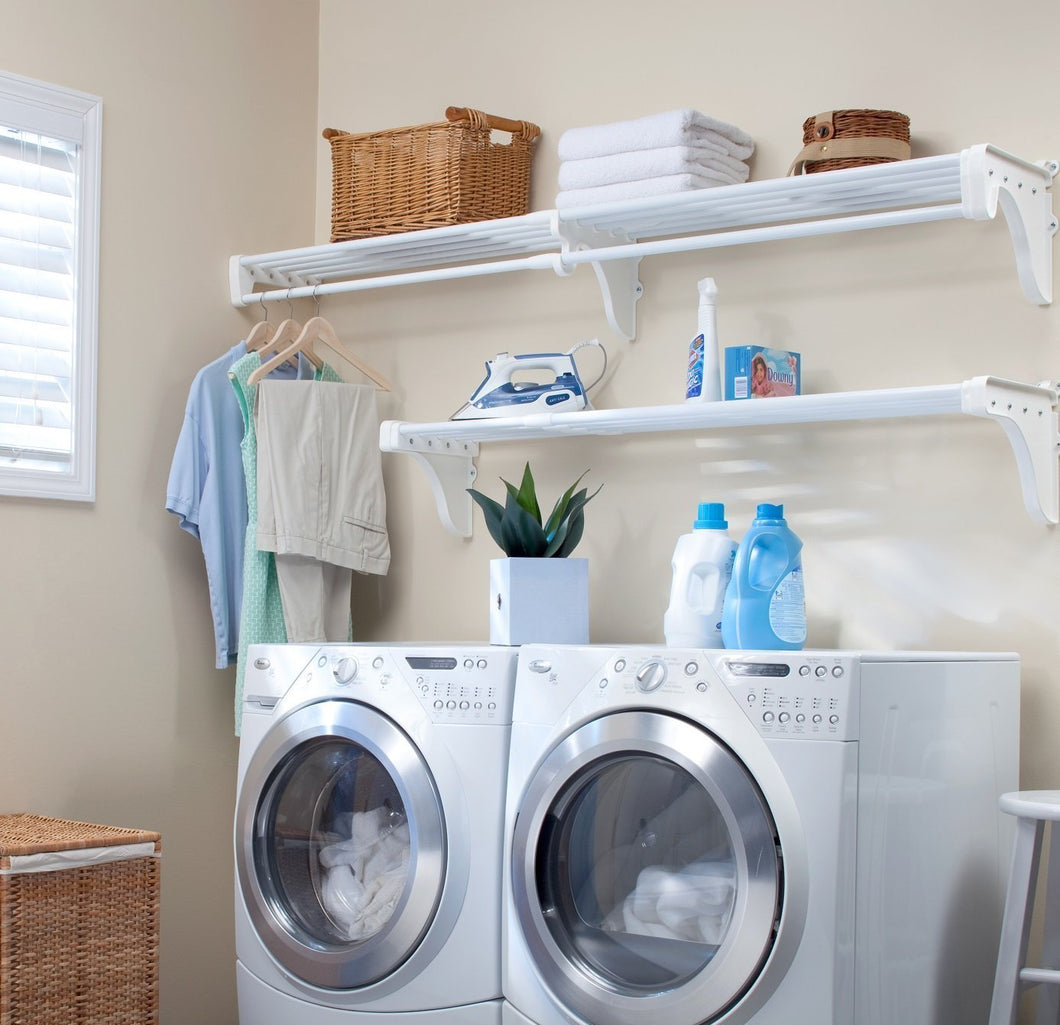 Get ez shelf expandable laundry room organizer up to 12 6 ft of laundry room storage and 6 3 ft of laundry room shelveswith hanging rod white
