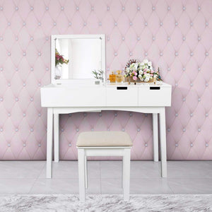 Vanity Set with Dressing Table Flip Top Mirror Organizer Cushioned Stool Makeup Wooden Writing Desk 2 Drawers Easy Assembly Beauty Station Bathroom (White)