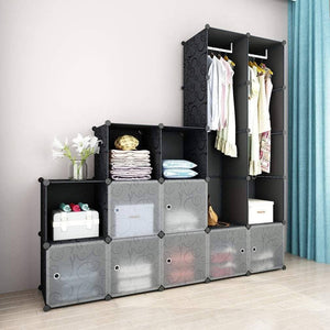 New simpdiy space saving multifunction sturdy plastic storage organizer shelves bookshelf plastic portable wardrobe black 12 2 cubes 2 rods 144x36x180cm 57x13x71in