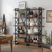 Load image into Gallery viewer, Top rated little tree 5 tier double wide open bookcase solid wood industrial large metal bookcases furniture vintage 5 shelf bookshelf etagere book shelves for home office decor display retro brown