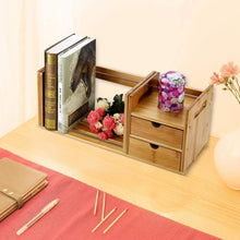 Load image into Gallery viewer, New cocoarm bamboo wood desk organizer expendable tabletop bookshelf office storage adjustable table accessory book shelf media rack with 2 drawers cd holder display for home dorm kitchen plants
