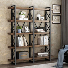 Load image into Gallery viewer, Best seller  little tree 5 tier double wide open bookcase solid wood industrial large metal bookcases furniture vintage 5 shelf bookshelf etagere book shelves for home office decor display retro brown