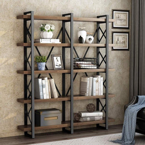 Best seller  little tree 5 tier double wide open bookcase solid wood industrial large metal bookcases furniture vintage 5 shelf bookshelf etagere book shelves for home office decor display retro brown