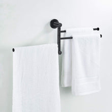 Load image into Gallery viewer, Heavy duty towel rack bathroom swivel towel bar 3 multi fold able arms rotation organizer swing towel shelf space saving hanger kitchen hand towel holder wall mount stainless rubber matte black marmolux