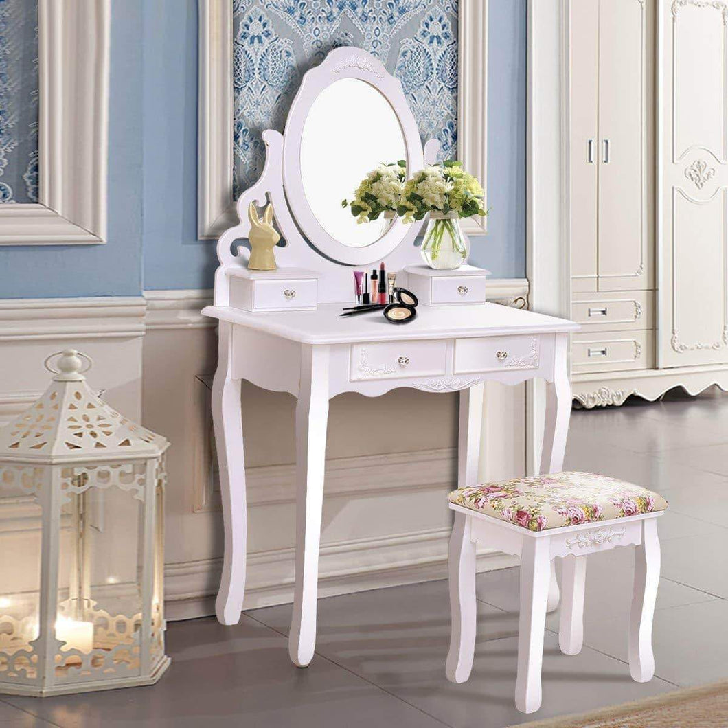 Casart Vanity Dressing Table with Mirror and Stool, 360° Rotating Oval Makeup Mirror Classic Style Delicate Carved Cushioned Benches Wood Legs, Vanity Tables with Divided Drawers, White