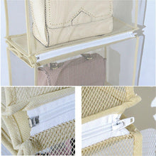 Load image into Gallery viewer, Save on zaro 2 in 1 hanging shelf garment organizer for bags clothes 4 shelves practical closet purse storage collapsible space saver accessory breathable mesh net with hooks hanger easy mount gray