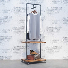 Load image into Gallery viewer, On amazon industrial pipe clothing rack with wood shelves steampunk iron garment rack on wheels vintage rolling cloths racks for hanging clothes commercial grade clothes racks retail display clothing shelf