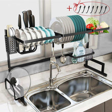 Load image into Gallery viewer, Products dish drying rack over the sink tsmine large dish drainers for kitchen counter stainless steel drain bowl dish rack kitchen supplies storage shelf utensils holder with 7 utility holder hooks