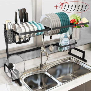 Products dish drying rack over the sink tsmine large dish drainers for kitchen counter stainless steel drain bowl dish rack kitchen supplies storage shelf utensils holder with 7 utility holder hooks