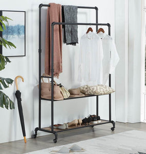 Budget friendly homissue 72 inch industrial pipe double rail hall tree with shoe storage on wheel 2 shelf rolling clothes rack organizer with 2 hanging rod for garment storage display vintage brown