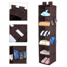 Load image into Gallery viewer, Featured magicfly hanging closet organizer with 4 side pockets 6 shelf collapsible closet hanging shelf for sweater handbag storage easy mount hanging clothes storage box brown