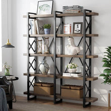 Load image into Gallery viewer, Top little tree 5 tier double wide open bookcase solid wood industrial large metal bookcases furniture vintage 5 shelf bookshelf etagere book shelves for home office decor display retro brown