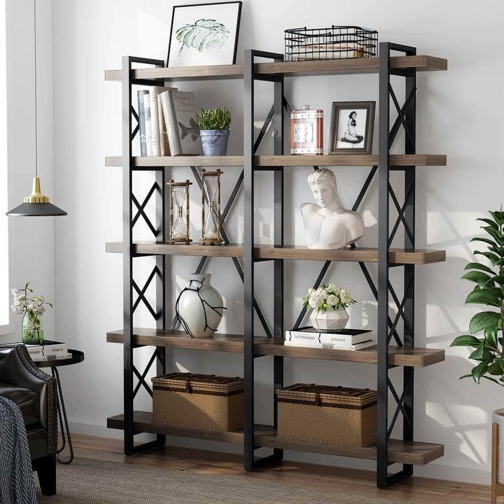 Top little tree 5 tier double wide open bookcase solid wood industrial large metal bookcases furniture vintage 5 shelf bookshelf etagere book shelves for home office decor display retro brown