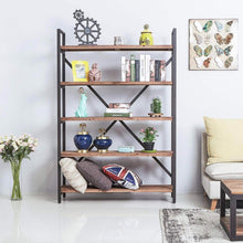 Load image into Gallery viewer, New care royal vintage 5 tier open back storage bookshelf industrial 69 5 inches h bookcase decor display shelf living room home office natural solid reclaimed wood sturdy rustic brown metal frame