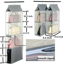 Load image into Gallery viewer, Results zaro 2 in 1 hanging shelf garment organizer for bags clothes 4 shelves practical closet purse storage collapsible space saver accessory breathable mesh net with hooks hanger easy mount gray