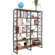 Load image into Gallery viewer, Home ironck bookshelf double wide 6 tier 70 h open bookcase vintage industrial style shelves wood and metal bookshelves home office furniture