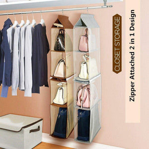 Related zaro 2 in 1 hanging shelf garment organizer for bags clothes 4 shelves practical closet purse storage collapsible space saver accessory breathable mesh net with hooks hanger easy mount gray