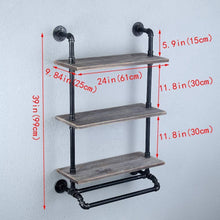 Load image into Gallery viewer, Select nice industrial bathroom shelves wall mounted with 2 towel bar 24in rustic pipe shelving 3 tiered wood shelf black farmhouse towel rack metal floating shelves towel holder iron distressed shelf over toilet
