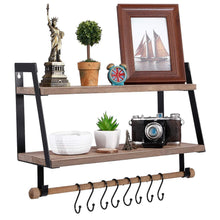 Load image into Gallery viewer, On amazon kakivan 2 tier floating shelves wall mount for kitchen spice rack with 8 hooks storage rustic farmhouse wood wall shelf for bathroom decor with towel bar