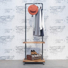 Load image into Gallery viewer, Purchase industrial pipe clothing rack with wood shelves steampunk iron garment rack on wheels vintage rolling cloths racks for hanging clothes commercial grade clothes racks retail display clothing shelf