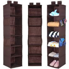 Load image into Gallery viewer, Discover the best magicfly hanging closet organizer with 4 side pockets 6 shelf collapsible closet hanging shelf for sweater handbag storage easy mount hanging clothes storage box brown