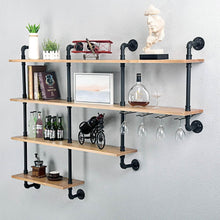 Load image into Gallery viewer, Discover mbqq 4 tiers 63inch industrial pipe shelving rustic wooden metal floating shelves home decor shelves wall mount with wine rack decorative accent wall book shelf for kitchen or office organizer black