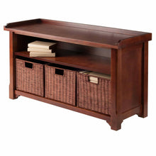 Load image into Gallery viewer, Cheap winsome wood milanwood storage bench in antique walnut finish with storage shelf and 3 rattan baskets in antique walnut finish