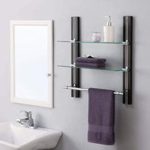 Load image into Gallery viewer, Order now organize it all mounted 2 tier adjustable tempered glass shelf with chrome towel bar