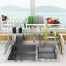 Load image into Gallery viewer, Order now dish drying rack over sink drainer shelf for kitchen supplies storage counter organizer utensils holder stainless steel display kitchen space save must have sink size 33 1 2 inch silver
