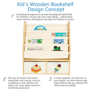 Save mallbest childrens bookshelf kids sling book rack with two storage boxes and toys organizer shelves natural solid wood baby bookcase