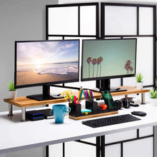 Load image into Gallery viewer, Storage large dual monitor stand for computer screens solid bamboo riser supports the heaviest monitors printers laptops or tvs perfect shelf organizer for office desk accessories tv stands natural