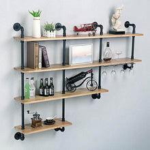 Load image into Gallery viewer, Cheap mbqq 4 tiers 63inch industrial pipe shelving rustic wooden metal floating shelves home decor shelves wall mount with wine rack decorative accent wall book shelf for kitchen or office organizer black