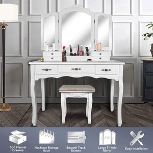 Vanity Beauty Station,Large Tri-Folding Necklace Hooked Mirrors,6 Organization 7 Drawers Makeup Dress Table with Cushioned Stool Set - White
