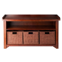 Load image into Gallery viewer, Discover the best winsome wood milanwood storage bench in antique walnut finish with storage shelf and 3 rattan baskets in antique walnut finish