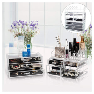 Offeir US Stock Clear Acrylic Stackable Cosmetic Makeup Storage Cube Organizer Jewelry Storage Drawers Case Great for Bathroom Dresser Vanity and Countertop (3 Pieces Set 4 Small & 3 Large Drawers)