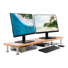 Load image into Gallery viewer, Shop large dual monitor stand for computer screens solid bamboo riser supports the heaviest monitors printers laptops or tvs perfect shelf organizer for office desk accessories tv stands natural