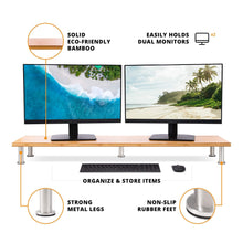 Load image into Gallery viewer, The best large dual monitor stand for computer screens solid bamboo riser supports the heaviest monitors printers laptops or tvs perfect shelf organizer for office desk accessories tv stands natural