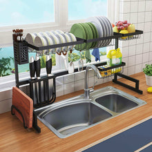 Load image into Gallery viewer, Kitchen over the sink dish drying rack 2 tier large 18 8 stainless steel drainer display shelf kitchen supplies storage accessories countertop space saver stand tableware organizer with utensil holder
