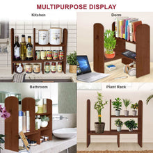 Load image into Gallery viewer, Related expandable natural bamboo desk organizer accessory adjustable desktop shelf rack multipurpose display for office kitchen books flowers and plants brown