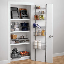 Load image into Gallery viewer, Discover the best premium over the door steel frame kitchen pantry and bath room organizer in satin nickel adjustable shelf system made of solid steel hung or door mounted option