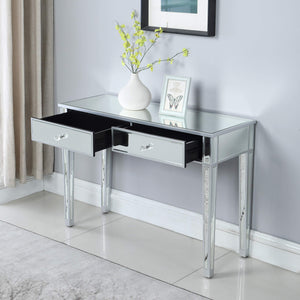 Mirrored 2-Drawer Media Console Table, GA Home Makeup Table Desk Vanity for Women Home Office Writing Desk Smooth Matte Silver Finish with Faux Crystal Knobs