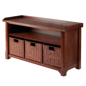 Budget friendly winsome wood milanwood storage bench in antique walnut finish with storage shelf and 3 rattan baskets in antique walnut finish