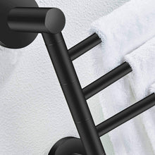 Load image into Gallery viewer, Explore towel rack bathroom swivel towel bar 3 multi fold able arms rotation organizer swing towel shelf space saving hanger kitchen hand towel holder wall mount stainless rubber matte black marmolux