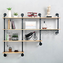 Load image into Gallery viewer, Discover the mbqq 4 tiers 63inch industrial pipe shelving rustic wooden metal floating shelves home decor shelves wall mount with wine rack decorative accent wall book shelf for kitchen or office organizer black