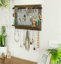 Load image into Gallery viewer, Organize with wall necklace holder and jewelry organizer large rustic hanging display includes bracelet bar earrings grid 18 hooks and shelf perfect gift for bridal shower women girls or dorm room