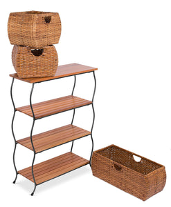 Best birdrock home industrial 4 tier shelving unit with rattan woven baskets delivered fully assembled wooden freestanding shelves with storage bins decorative living room shelf