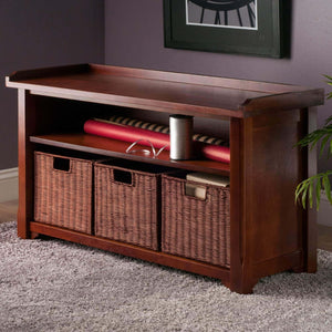 Buy now winsome wood milanwood storage bench in antique walnut finish with storage shelf and 3 rattan baskets in antique walnut finish